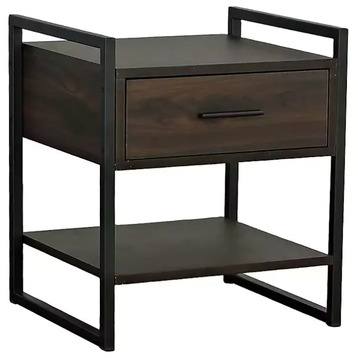 Brown Wood & Black Metal Frame Nightstand