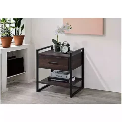 Brown Wood & Black Metal Frame Nightstand