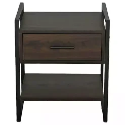 Brown Wood & Black Metal Frame Nightstand