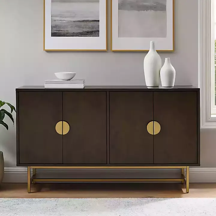 Brown Wood & Gold Metal Sideboard
