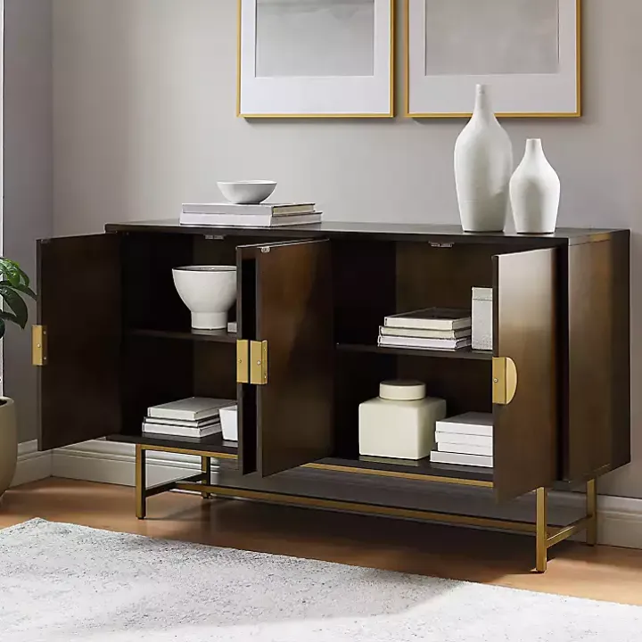 Brown Wood & Gold Metal Sideboard