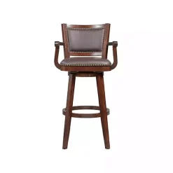 Brown Wood and Faux Leather Swivel Bar Stool