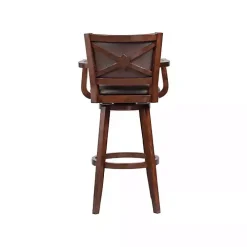 Brown Wood and Faux Leather Swivel Bar Stool