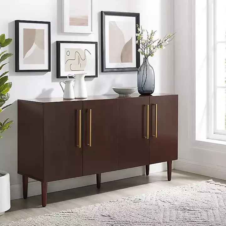 Brown Wood and Gold 4-Door Cabinet
