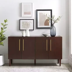 Brown Wood and Gold 4-Door Cabinet
