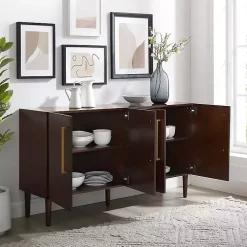 Brown Wood and Gold 4-Door Cabinet