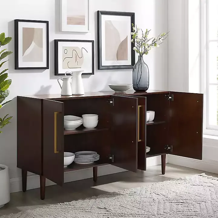 Brown Wood and Gold 4-Door Cabinet
