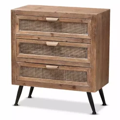 Brown Wood and Rattan 3-Drawer Cabinet