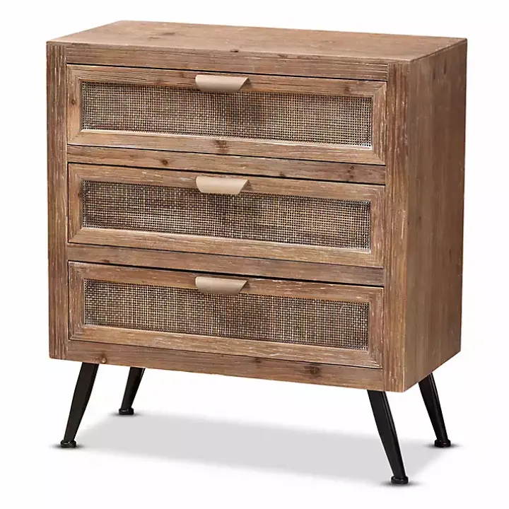 Brown Wood and Rattan 3-Drawer Cabinet