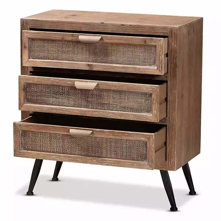 Brown Wood and Rattan 3-Drawer Cabinet