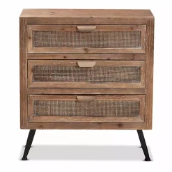 Brown Wood and Rattan 3-Drawer Cabinet