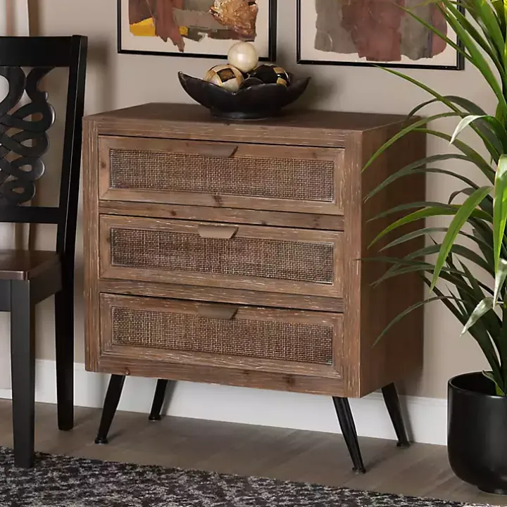 Brown Wood and Rattan 3-Drawer Cabinet