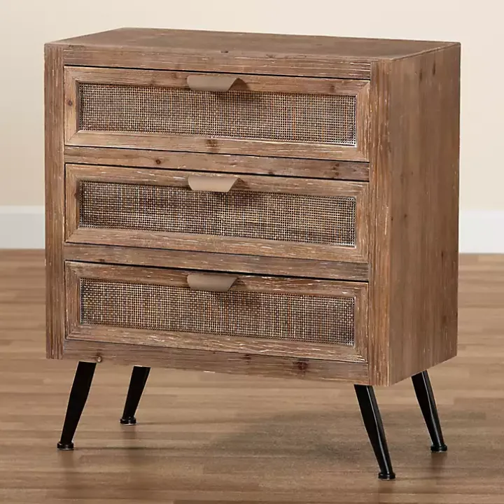 Brown Wood and Rattan 3-Drawer Cabinet