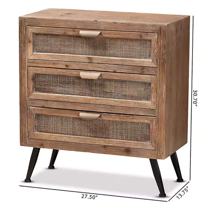Brown Wood and Rattan 3-Drawer Cabinet