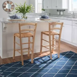 Brown Wood and Seagrass Counter Stools, Set of 2