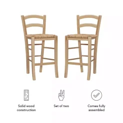 Brown Wood and Seagrass Counter Stools, Set of 2