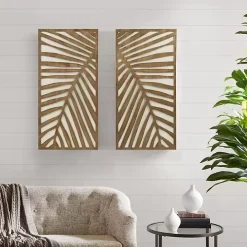Brown Wood Birch Palms Wall Plaques, Set of 2