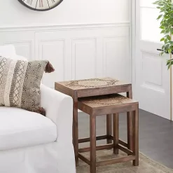 Brown Wood Carved Floral Nesting Tables, Set of 2