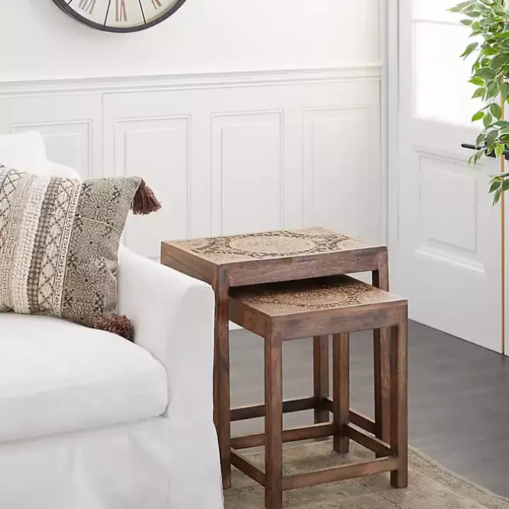 Brown Wood Carved Floral Nesting Tables, Set of 2