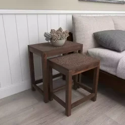 Brown Wood Carved Floral Nesting Tables, Set of 2