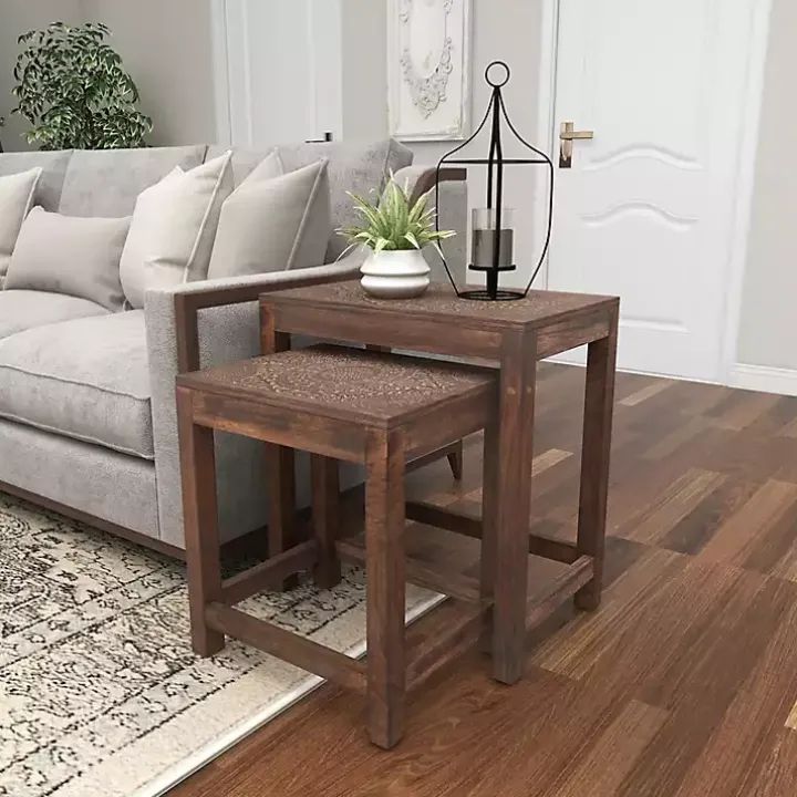 Brown Wood Carved Floral Nesting Tables, Set of 2