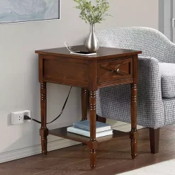 Brown Wood Charging Traditional Accent Table