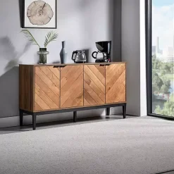 Brown Wood Chevron 4-Door Sideboard