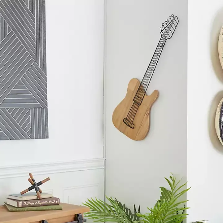 Brown Wood Electric Guitar Wall Plaque