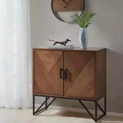 Brown Wood Frame Metal Base 2-Door Cabinet