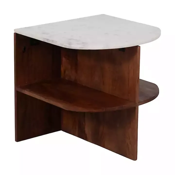 Brown Wood Half Round Marble Accent Table