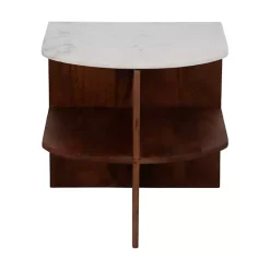 Brown Wood Half Round Marble Accent Table