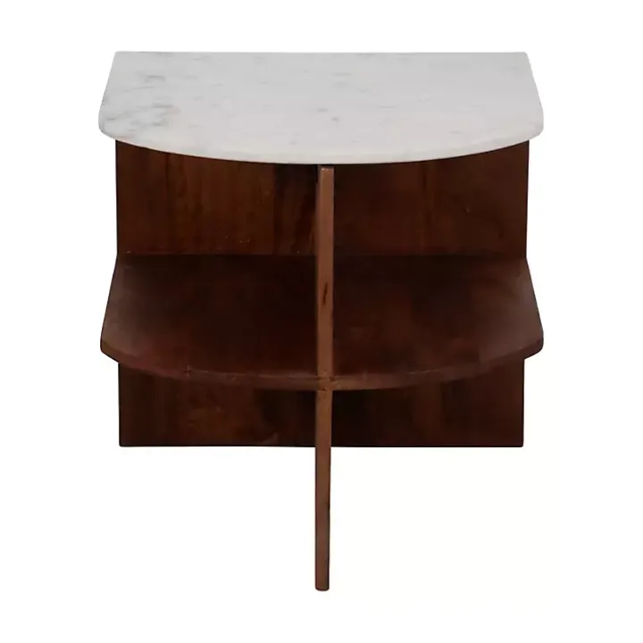 Brown Wood Half Round Marble Accent Table