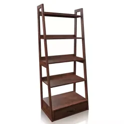 Brown Wood 5-Shelf Leaning Bookshelf