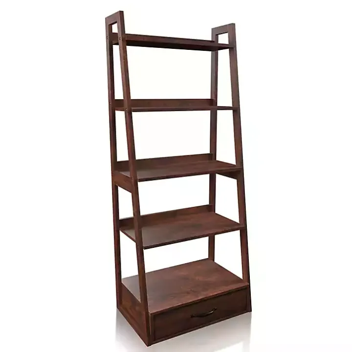 Brown Wood 5-Shelf Leaning Bookshelf