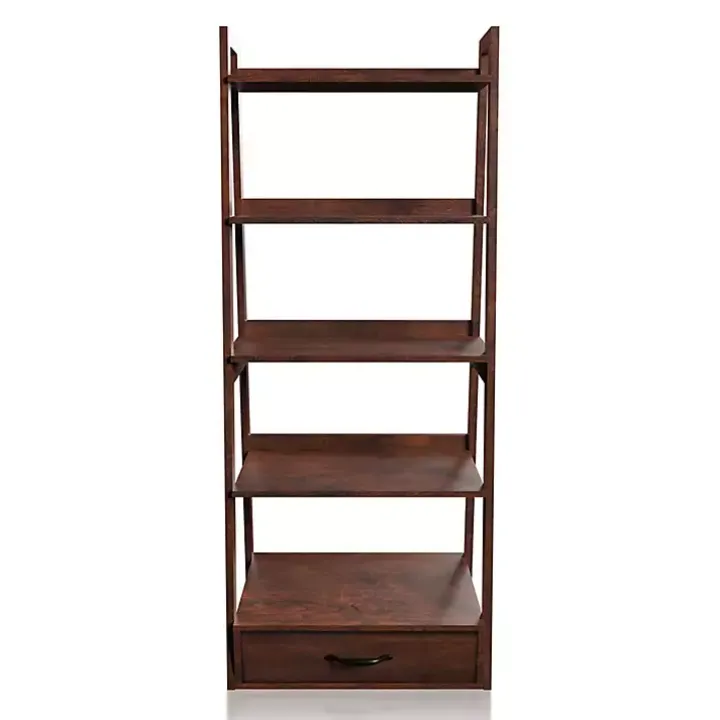 Brown Wood 5-Shelf Leaning Bookshelf