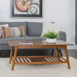 Brown Wood Slatted Bottom Shelf Coffee Table