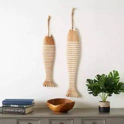Brown Wood Striped Fish Wall Plaques, Set of 2