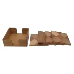 Brown Wood Tile Coasters and Holder, Set of 5