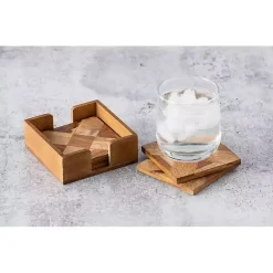 Brown Wood Tile Coasters and Holder, Set of 5