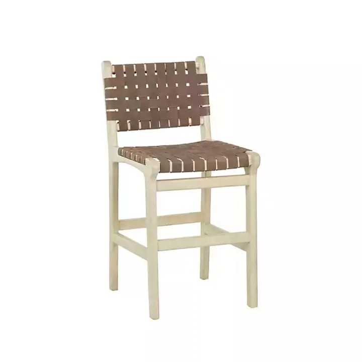 Brown Woven Leather Wooden Counter Stool