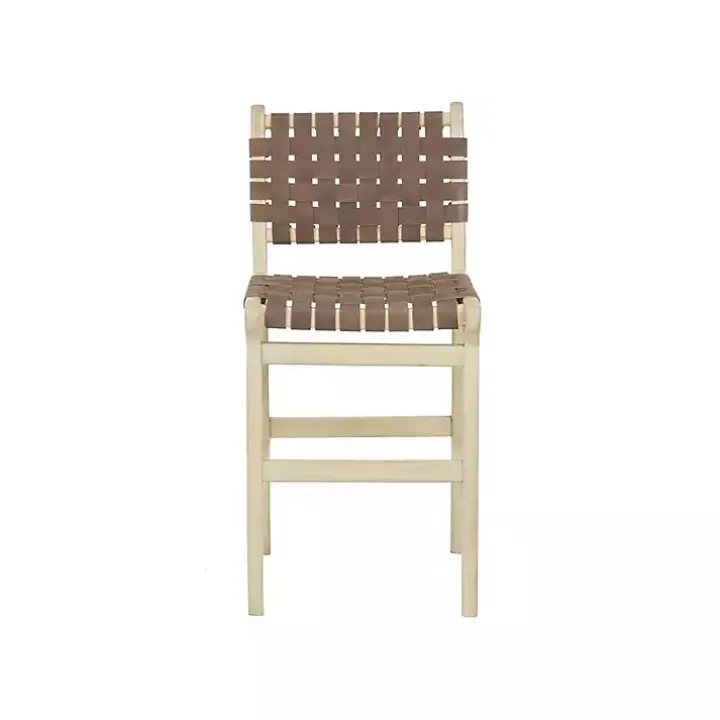 Brown Woven Leather Wooden Counter Stool