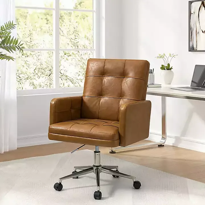 Camel Tufted Faux Leather Swivel Office Chair