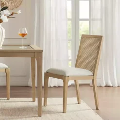 Cane Back Upholstered Wood Dining Chairs, Set of 2