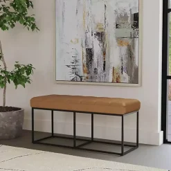 Caramel Faux Leather Upholstered Metal Frame Bench
