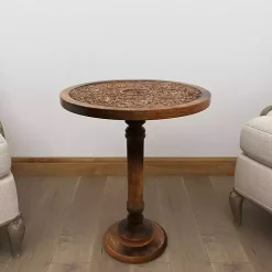 Carved Mandala Mango Wood Accent Table