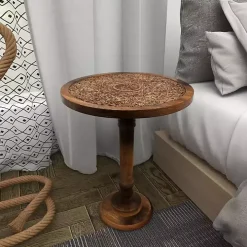 Carved Mandala Mango Wood Accent Table