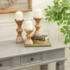 Carved Mango Wood Pillar Candle Holders, Set of 3