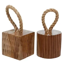 Carved Teak Wood and Rope Door Stoppers, Set of 2