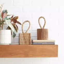 Carved Teak Wood and Rope Door Stoppers, Set of 2