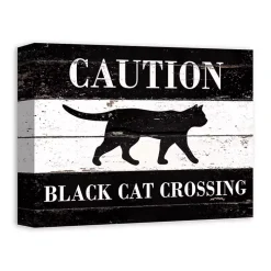 Caution Black Cat Crossing Halloween Canvas Print